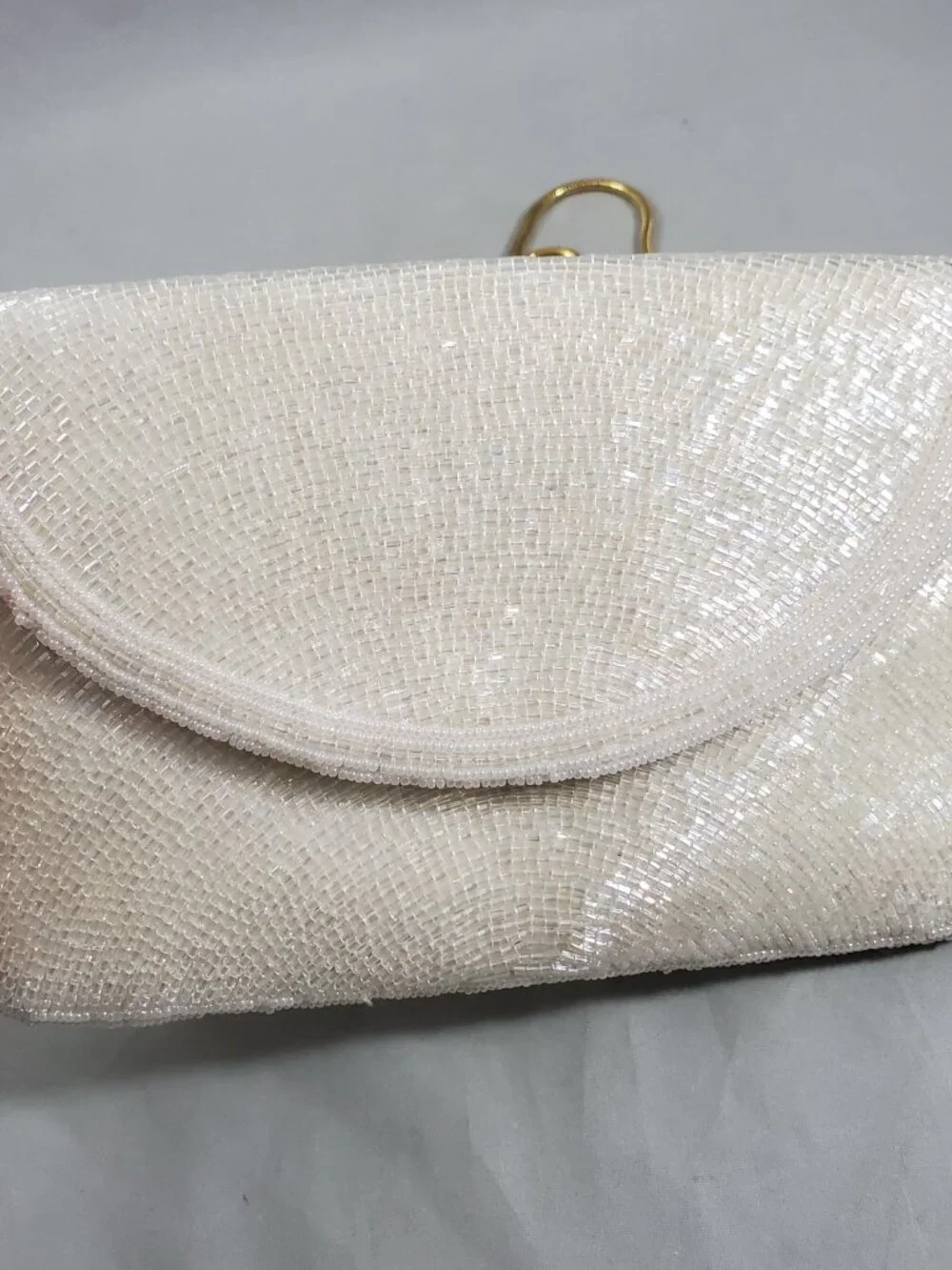 Vintage White Beaded Evening Bag Clutch Snake Chain Strap Rainbow Shimmer Beads